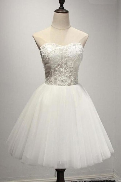Ivory Strapless Mini Tulle Prom Dresses A Line Sweetheart Appliqued Short Homecoming Dress - Prom Dresses