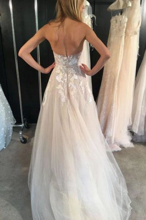 Ivory Strapless Tulle Long Beach Sexy Lace Appliqued Wedding Dress - Wedding Dresses