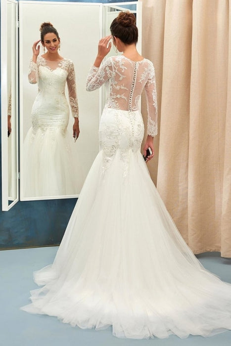 Ivory Sweep Train Applique Tulle Long Sleeves Elegant Wedding Dress - Wedding Dresses