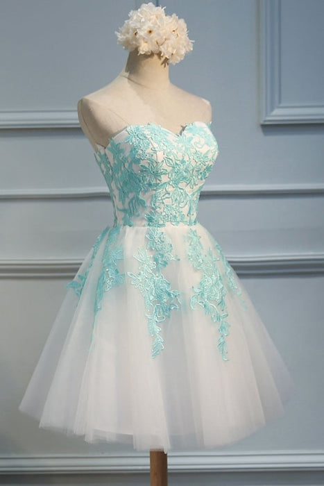 Ivory Sweetheart Homecoming with Mint Appliques Strapless Tulle Short Party Dress - Prom Dresses