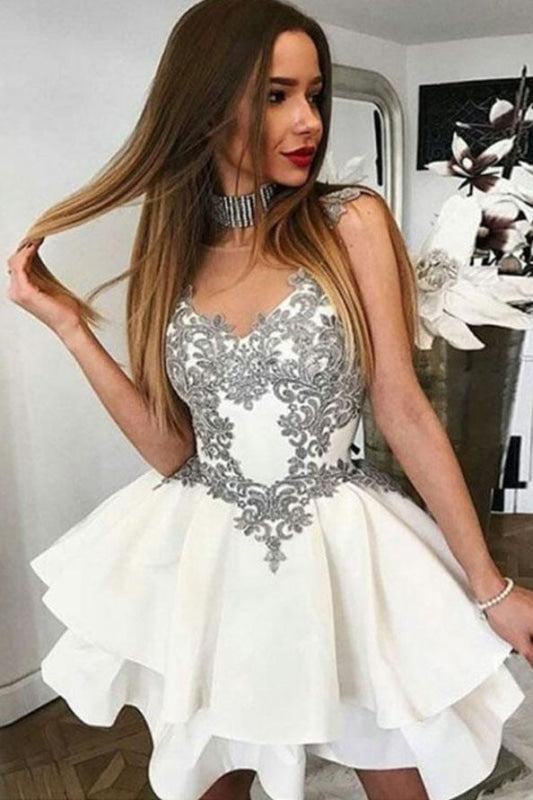 Ivory Two Layers Sheer Neck Short Party with Appliques Cheap Cocktail Dress - Prom Dresses