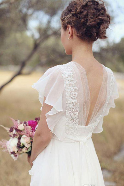 Ivory V Neck Chiffon Boho Unique Cap Sleeves Beach Wedding Dress - Wedding Dresses