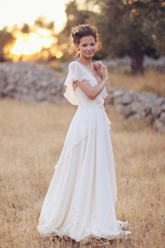 Ivory V Neck Chiffon Boho Beach Wedding Dress-Bridelily Ivory V Neck Chiffon Boho Beach Wedding Dress-Bridelily