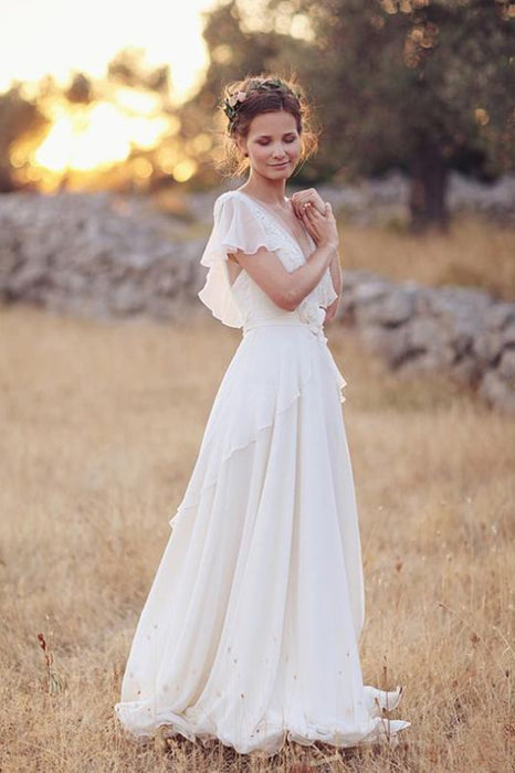 Ivory V Neck Chiffon Boho Beach Wedding Dress-Bridelily Ivory V Neck Chiffon Boho Beach Wedding Dress-Bridelily