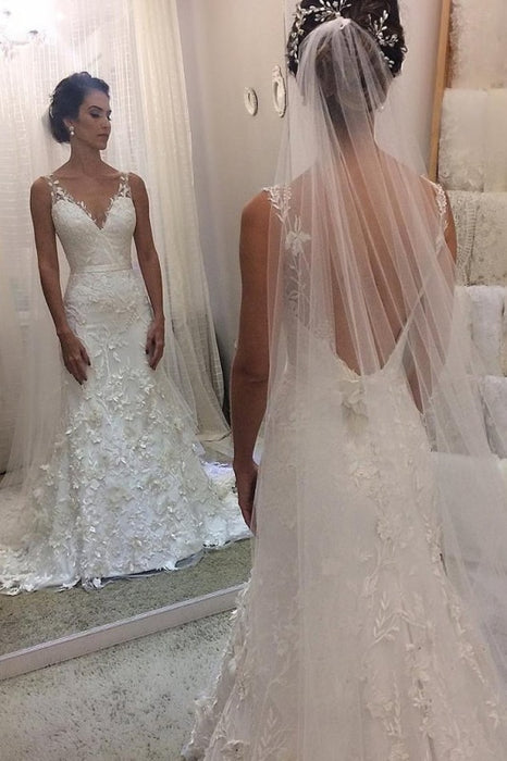 Ivory V Neck Sheath Sleeveless Backless Charming Lace Wedding Dress - Wedding Dresses
