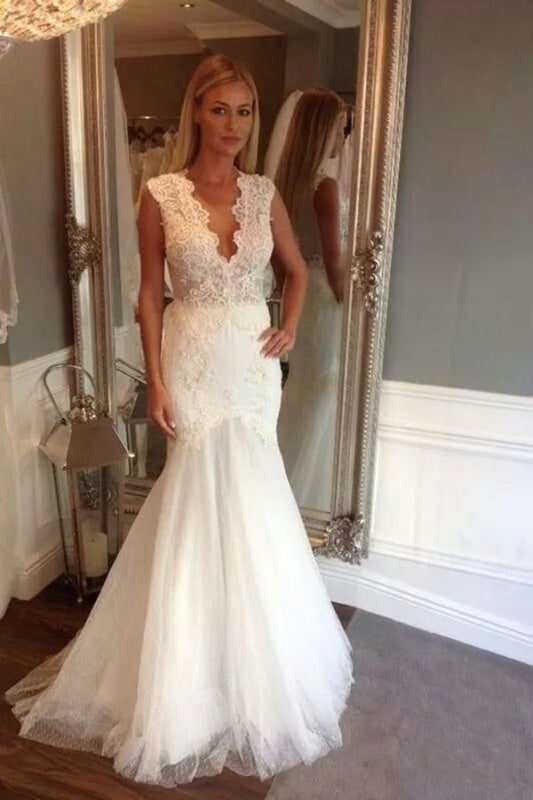 Ivory V Neck Sleeveless Mermaid Long Tulle Wedding Dress - Wedding Dresses