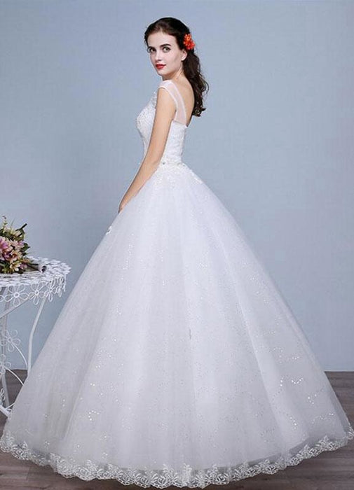 Ivory Wedding Dress Lace Sleeveless V Neck Rhinestones Beaded A-Line Floor Length Bridal Gown