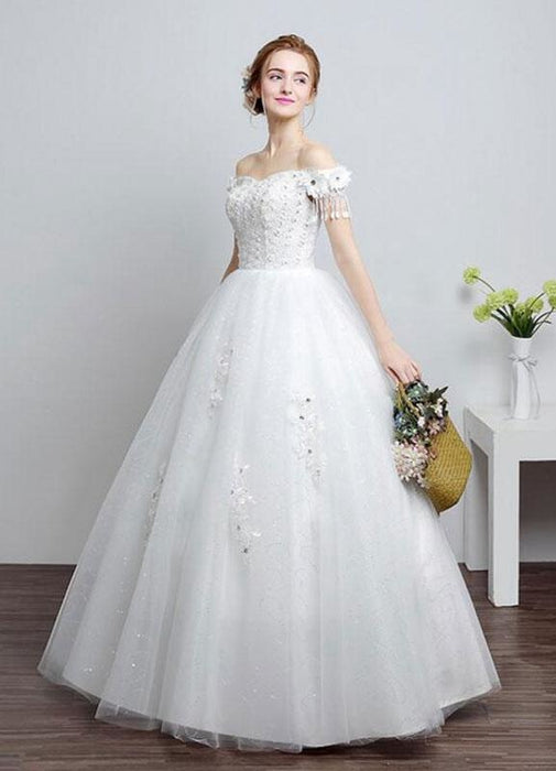 Ivory Wedding Dress Off The Shoulder Lace Ball Gown Beaded Floor Length Bridal Dress With Rhinestone