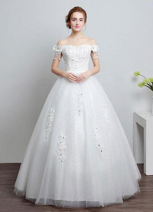 Ivory Wedding Dress Off The Shoulder Lace Ball Gown Beaded Floor Length Bridal Dress With Rhinestone