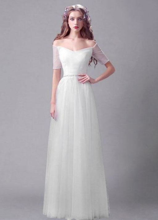 Ivory Wedding Dress Off-The-Shoulder Sash Rhinestone Wedding Gown