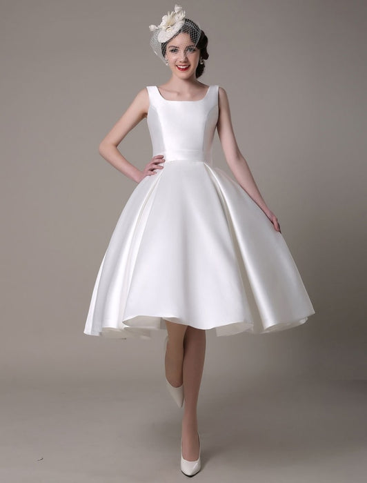 Ivory Wedding Dress Scoop Backless Knee Length Satin Wedding Gown misshow