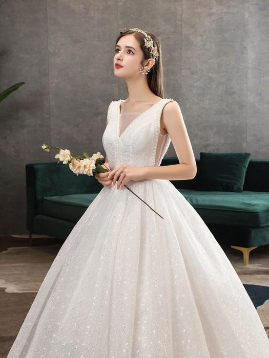Ivory Wedding Dress Tulle Beaded V Neck Sleeveless Floor Length Princess Bridal Gown