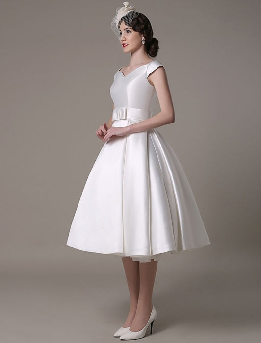 Ivory Wedding Dresses 2021 short satin  Knee Length bow Sash retro  bridal dress misshow