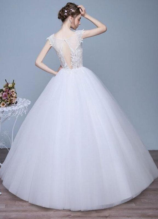 Ivory Wedding Dresses A-Line Lace Applique Round Neck Keyhole Floor Length Bridal Dresses