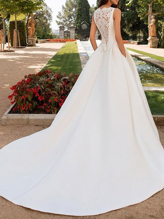 Ivory Wedding Dresses A Line With Chapel Train Sleeveless Lace High Collar Bridal Gowns