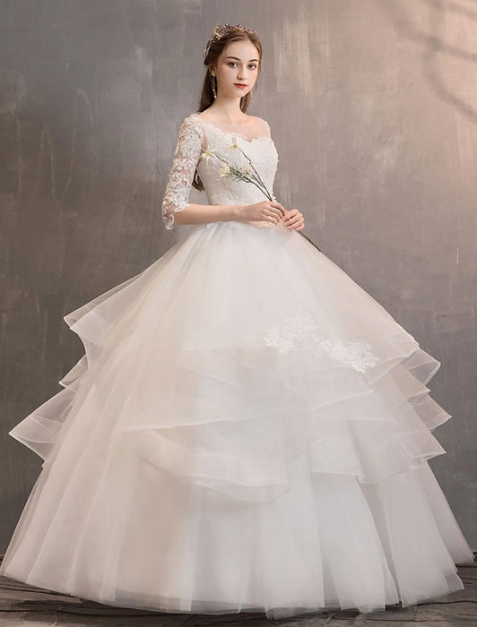 Ivory Wedding Dresses Tulle Illusion Neckline Half Sleeve Floor Length Princess Bridal Gown