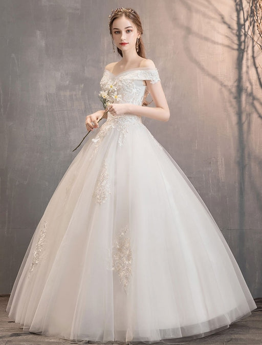 Ivory Wedding Dresses Tulle Off The Shoulder Lace Applique Floor Length Princess Bridal Gown