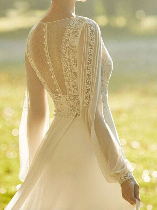 Ivory Wedding Dresses With Court Train A Line Long Sleeves Lace V Neck Bridal Gowns