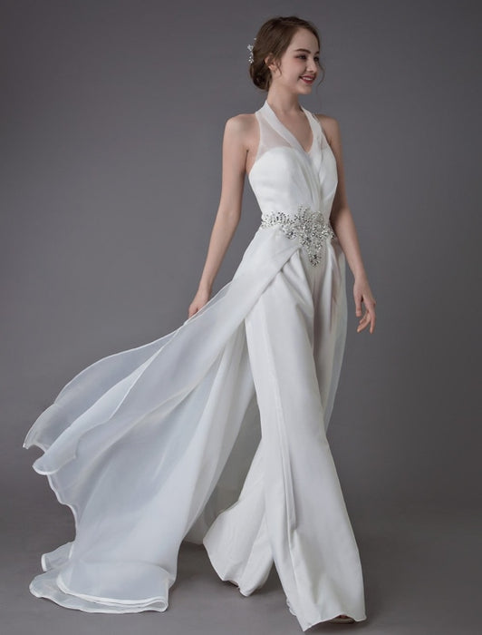 Ivory Wedding Jumpsuits Halter V Neck Rhinestones Backless Culottes Bridal Dress