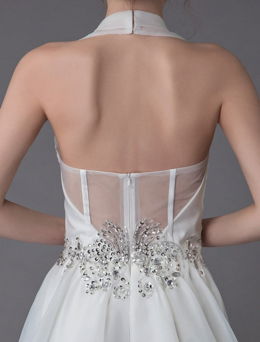 Ivory Wedding Jumpsuits Halter V Neck Rhinestones Backless Culottes Bridal Dress