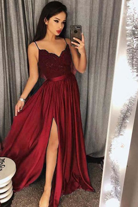 Jade Spaghetti Straps V neck Prom Dress with Lace Maxi High Split Evening Gowns - Prom Dresses