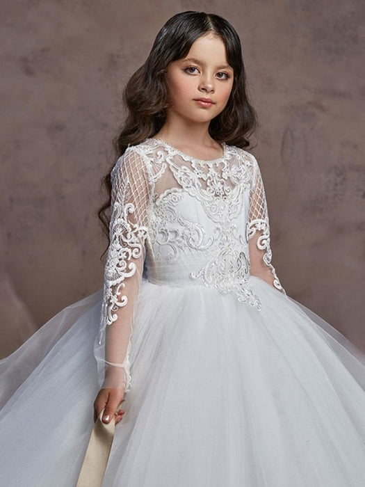 Flower Girl Dresses Jewel Neck Lace Long Sleeves Floor-Length Princess Silhouette Embroidered Kids Party Dresses