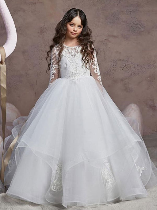 Flower Girl Dresses Jewel Neck Lace Long Sleeves Floor-Length Princess Silhouette Embroidered Kids Party Dresses