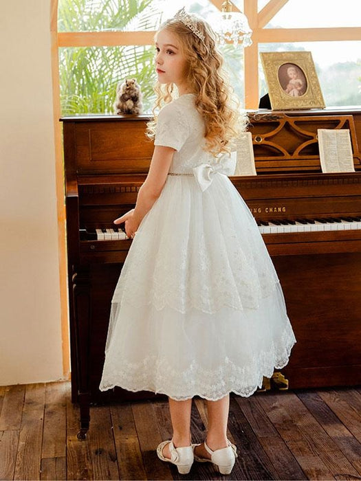 Flower Girl Dresses White Jewel Neck Lace Short Sleeves Tea-Length A-Line Lace Formal Kids Pageant Dresses
