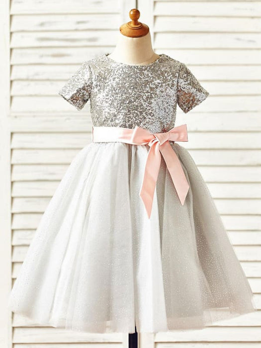 Flower Girl Dresses Jewel Neck Short Sleeves Sash Kids Party Dresses
