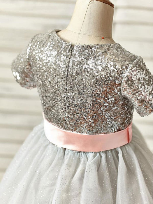 Flower Girl Dresses Jewel Neck Short Sleeves Sash Kids Party Dresses