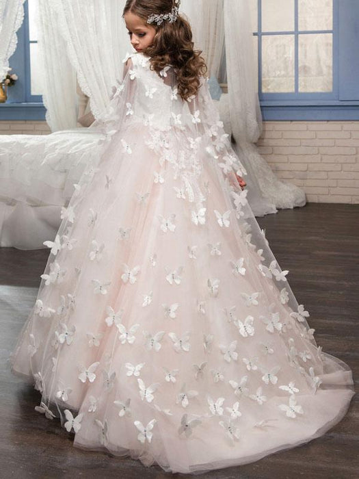 Flower Girl Dresses Jewel Neck Sleeveless Applique Detachable Tulle Warp Formal Kids Pageant Dresses