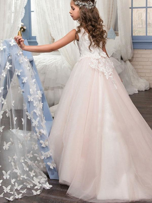 Flower Girl Dresses Jewel Neck Sleeveless Applique Detachable Tulle Warp Formal Kids Pageant Dresses