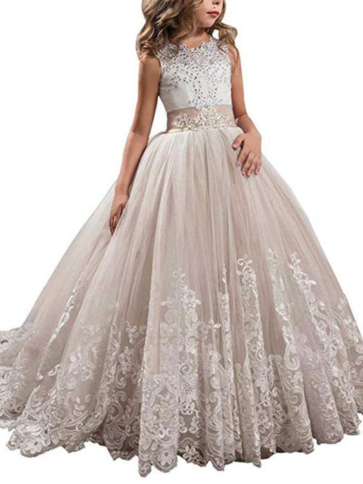 Jewel Neck Sleeveless Flower Girl Dresses with Whie Lace Appliques Formal Kids Pageant Bowtie Dresses
