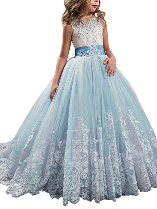 Jewel Neck Sleeveless Flower Girl Dresses with Whie Lace Appliques Formal Kids Pageant Bowtie Dresses

