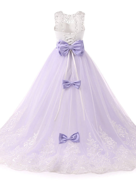 Jewel Neck Sleeveless Flower Girl Dresses with Whie Lace Appliques Formal Kids Pageant Bowtie Dresses

