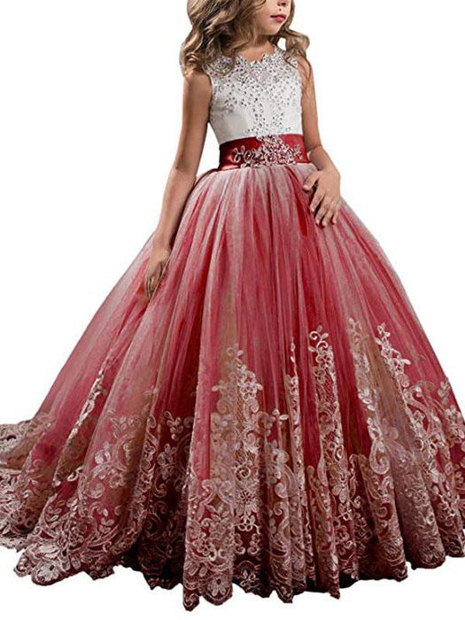 Jewel Neck Sleeveless Flower Girl Dresses with Whie Lace Appliques Formal Kids Pageant Bowtie Dresses

