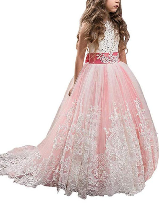 Jewel Neck Sleeveless Flower Girl Dresses with Whie Lace Appliques Formal Kids Pageant Bowtie Dresses

