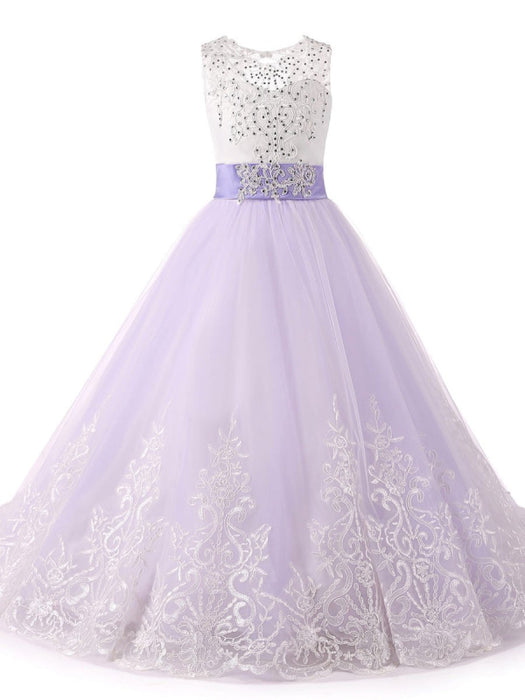 Jewel Neck Sleeveless Flower Girl Dresses with Whie Lace Appliques Formal Kids Pageant Bowtie Dresses
