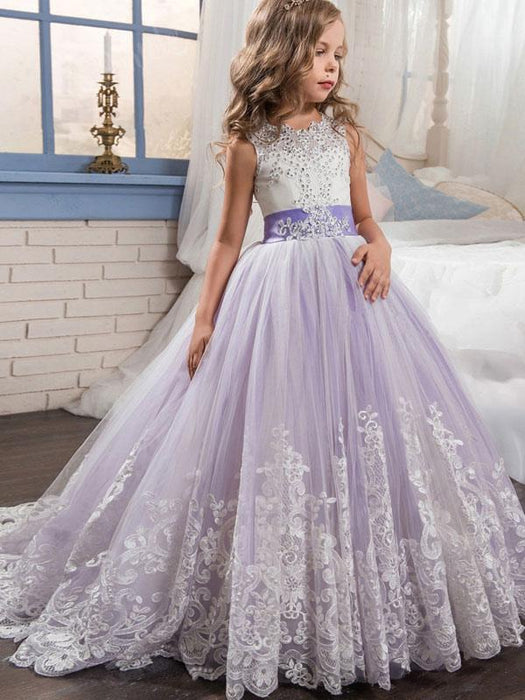 Jewel Neck Sleeveless Flower Girl Dresses with Whie Lace Appliques Formal Kids Pageant Bowtie Dresses
