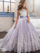 Jewel Neck Sleeveless Flower Girl Dresses with Whie Lace Appliques Formal Kids Pageant Bowtie Dresses
