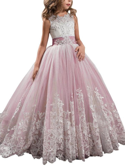 Jewel Neck Sleeveless Flower Girl Dresses with Whie Lace Appliques Formal Kids Pageant Bowtie Dresses
