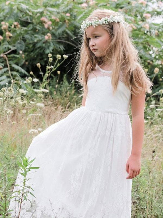 White Flower Girl Dresses Jewel Neck Sleeveless Sash Lace Formal Kids Pageant Dresses