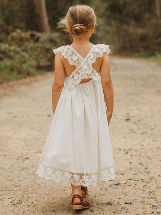 White Flower Girl Dresses Jewel Neck Sleeveless Lace Kids Social Party Dresses