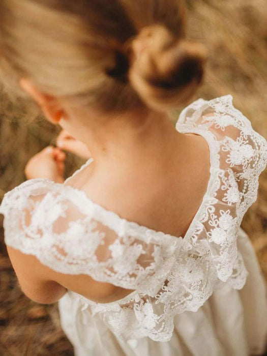 White Flower Girl Dresses Jewel Neck Sleeveless Lace Kids Social Party Dresses