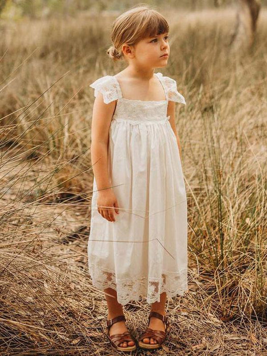 White Flower Girl Dresses Jewel Neck Sleeveless Lace Kids Social Party Dresses
