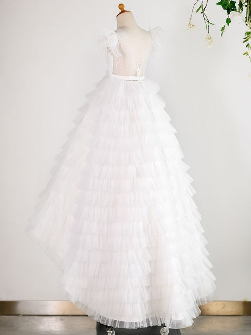 Flower Girl Dresses Jewel Neck Tulle Short Sleeves Floor Length Princess Silhouette Lace Formal Kids Pageant Dresses