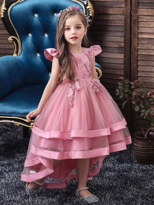Jewel Neck Tulle Sleeveless 3D Floral Princess Hi-LoFlower Girl Dress ...