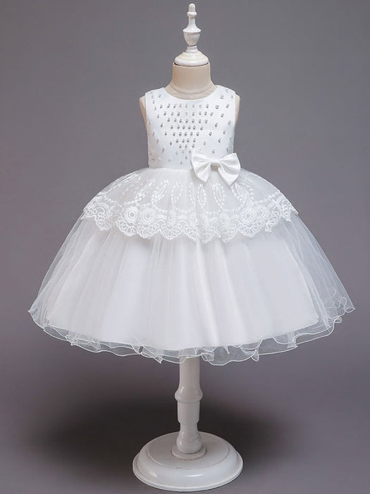 Flower Girl Dresses Jewel Neck Tulle Sleeveless Knee Length Princess Silhouette Bows Formal Kids Pageant Dresses