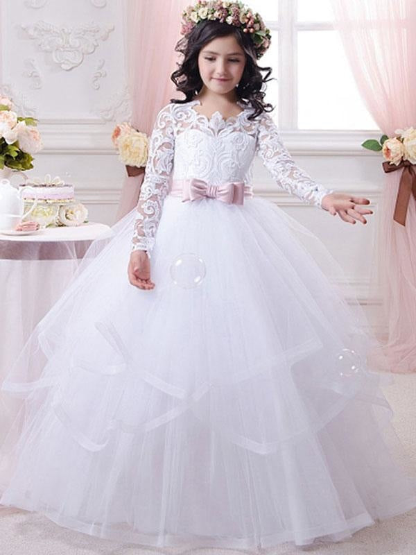 Flower Girl Dresses Jewel Neck Tulle Long Sleeves Floor-Length Ball Gown Bows Kids Pageant Dresses