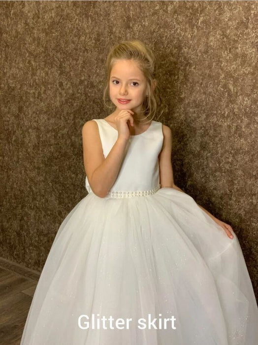 Jewel Neck White Glitter Little Girl Dress for Chrismas Birthday Party Sleevelesss Flower Girl Dress with Bowknot - Flower Girl Dresses